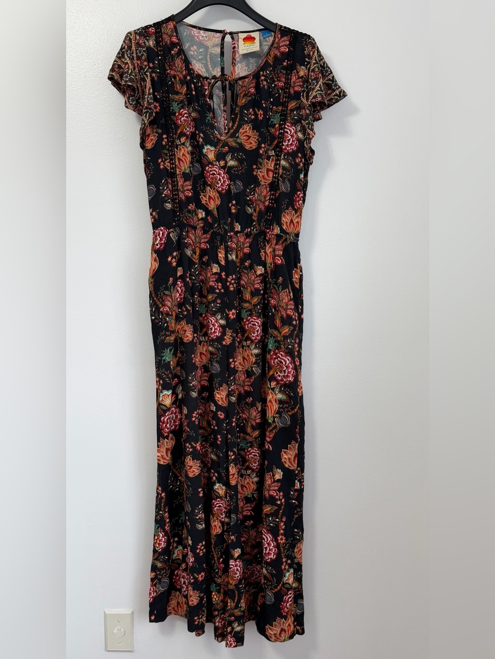 Farm Rio Lillian Wide-Leg Jumpsuit Black Floral Print Flutter Sleeve Lace Size S - Picture 4 of 16